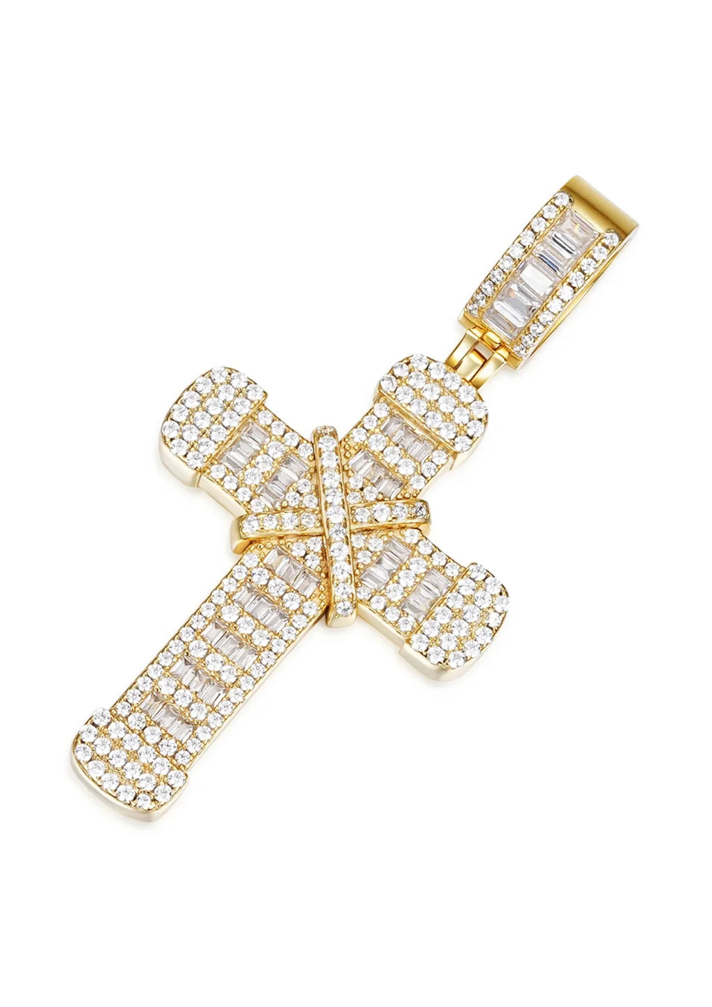 14K Gold and Rhodium Plated Baguette and Round Moissanite Cross Pendant for Gift