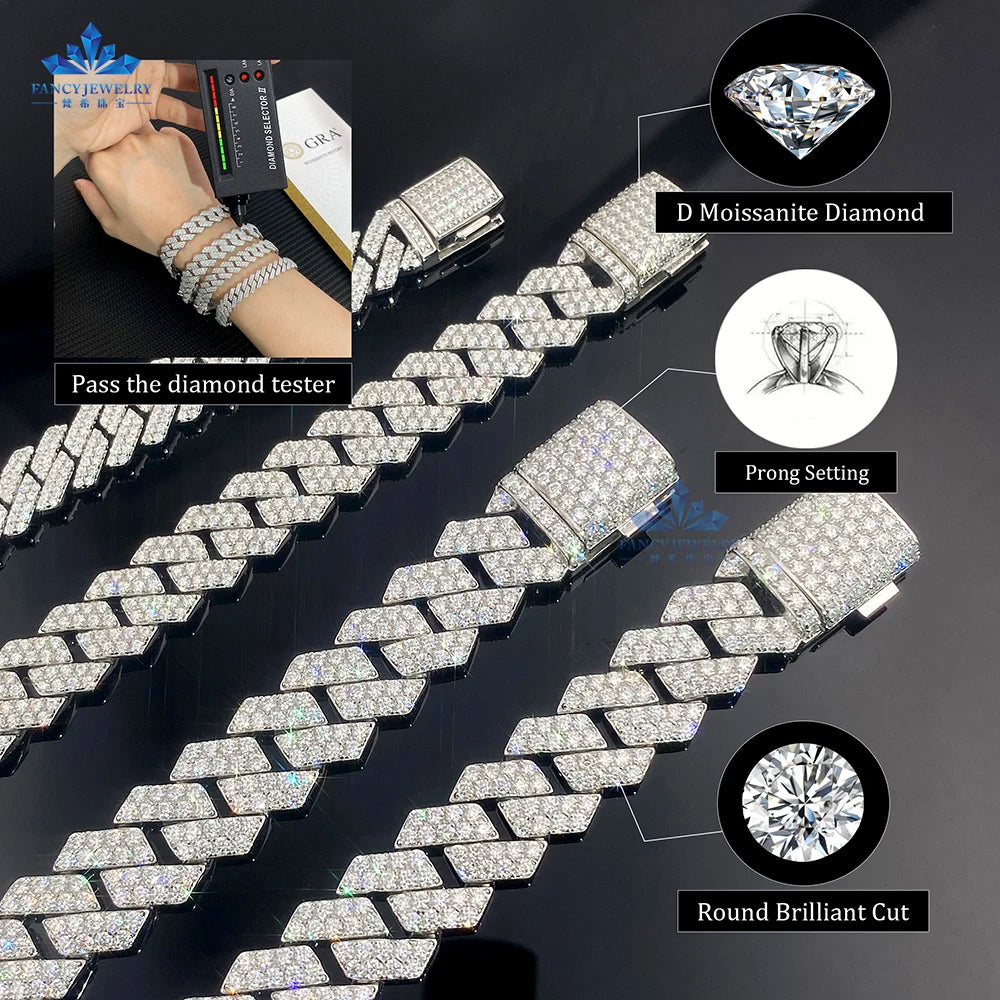 Iced Out Vvs Moissanite 2 Rows Cuban Chain Bracelet 925 Sterling Silver Diamond Moissanite 10mm 12mm Cuban Link Chain