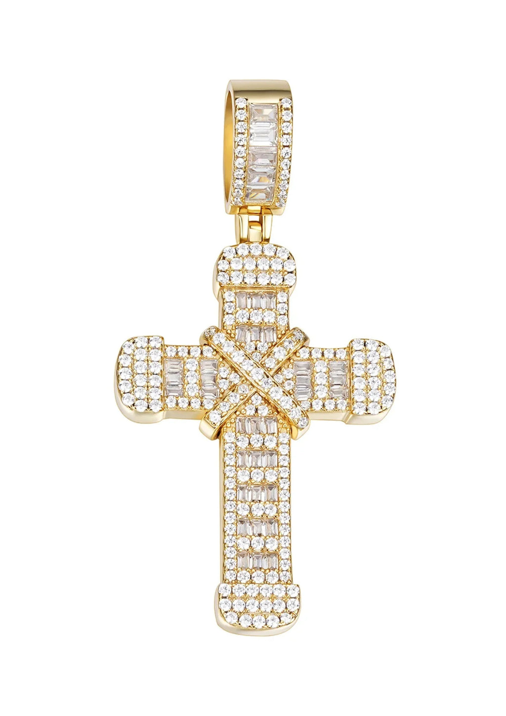 14K Gold and Rhodium Plated Baguette and Round Moissanite Cross Pendant for Gift