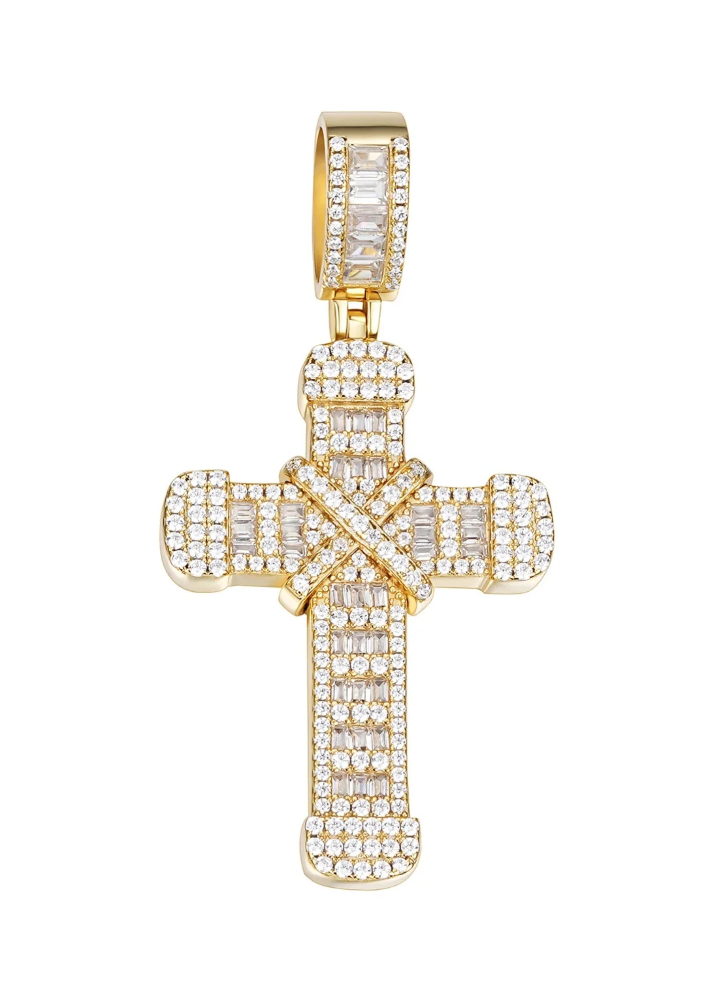 14K Gold and Rhodium Plated Baguette and Round Moissanite Cross Pendant for Gift