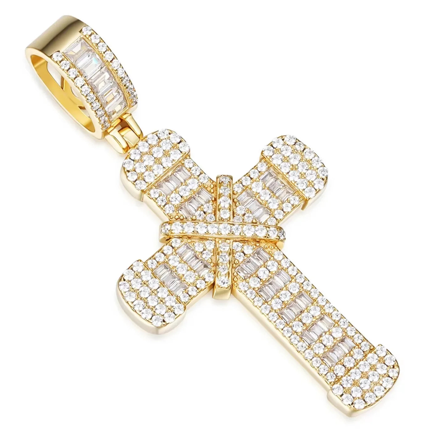 14K Gold and Rhodium Plated Baguette and Round Moissanite Cross Pendant for Gift