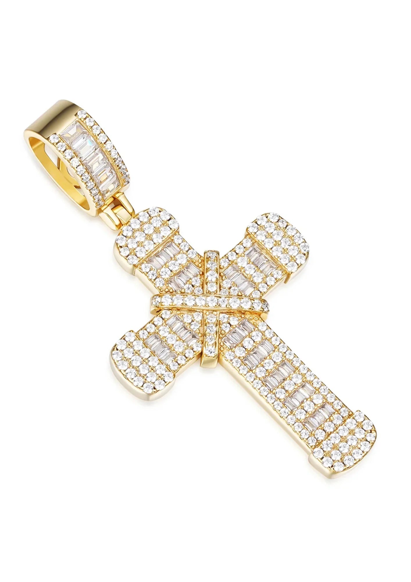 14K Gold and Rhodium Plated Baguette and Round Moissanite Cross Pendant for Gift