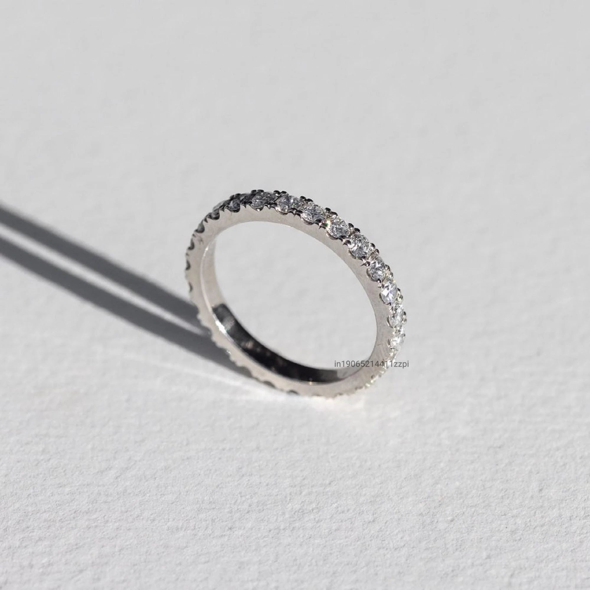 14k White Gold Moissanite Wedding Band with 0.75 Carat Round Brilliant Cut Stones Full Eternity Pave Setting Stackable Ring