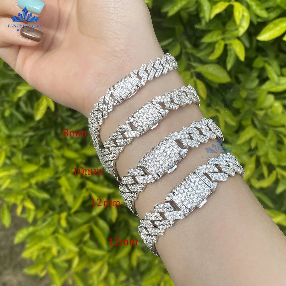Iced Out Vvs Moissanite 2 Rows Cuban Chain Bracelet 925 Sterling Silver Diamond Moissanite 10mm 12mm Cuban Link Chain