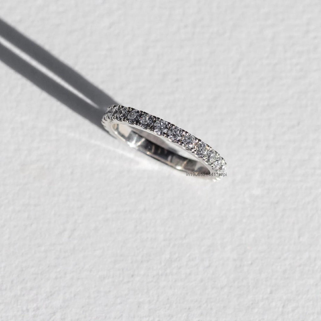 14k White Gold Moissanite Wedding Band with 0.75 Carat Round Brilliant Cut Stones Full Eternity Pave Setting Stackable Ring