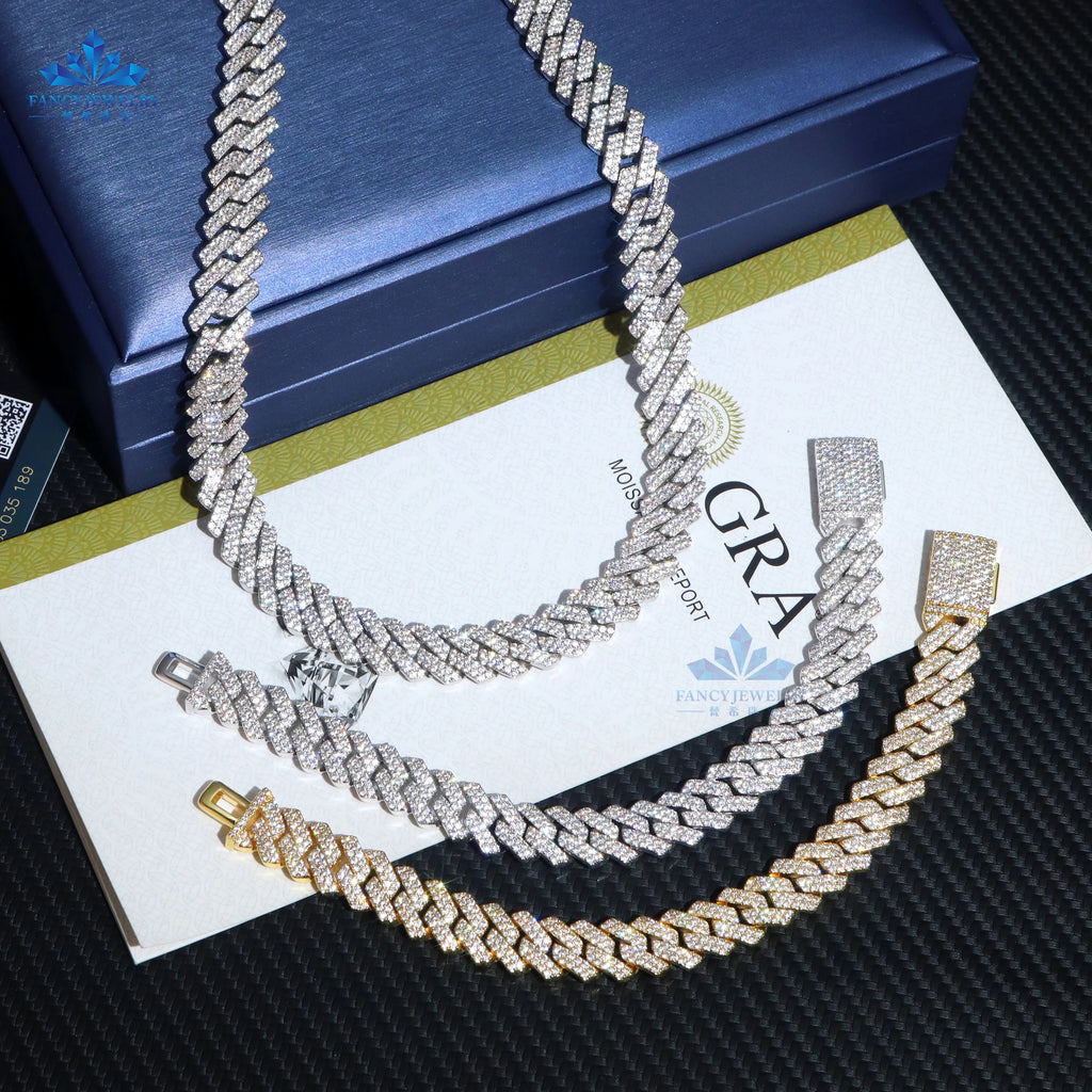 Iced Out Vvs Moissanite 2 Rows Cuban Chain Bracelet 925 Sterling Silver Diamond Moissanite 10mm 12mm Cuban Link Chain