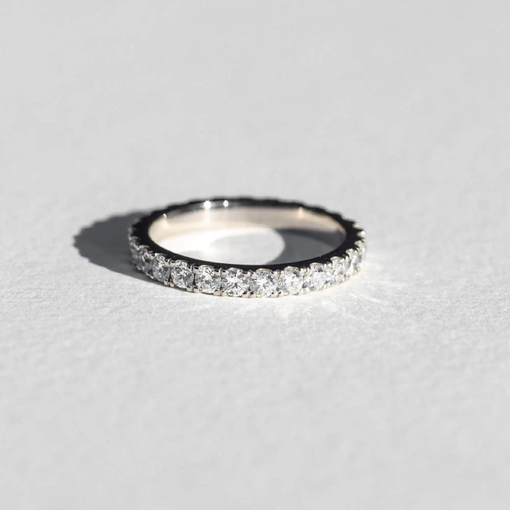 14k White Gold Moissanite Wedding Band with 0.75 Carat Round Brilliant Cut Stones Full Eternity Pave Setting Stackable Ring