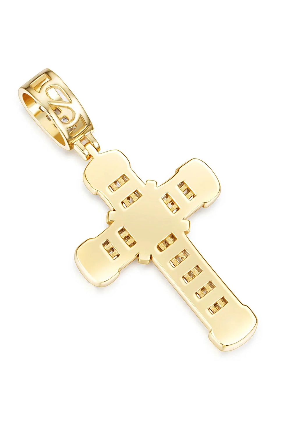 14K Gold and Rhodium Plated Baguette and Round Moissanite Cross Pendant for Gift