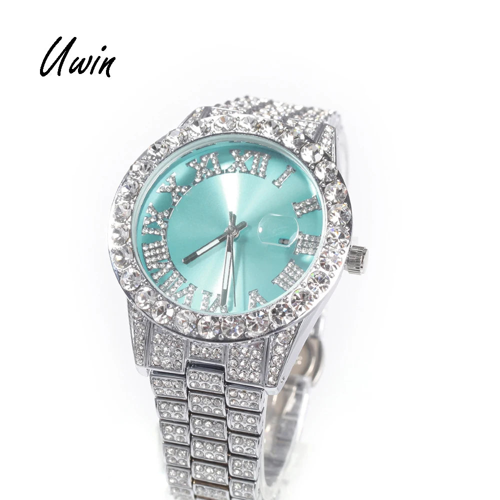 Hot Sale Luxury Baby Blue White Gold Color Watch Blue Red Pink Multi-Color Bezel Setting Watch Women Men Bling Bling Watch