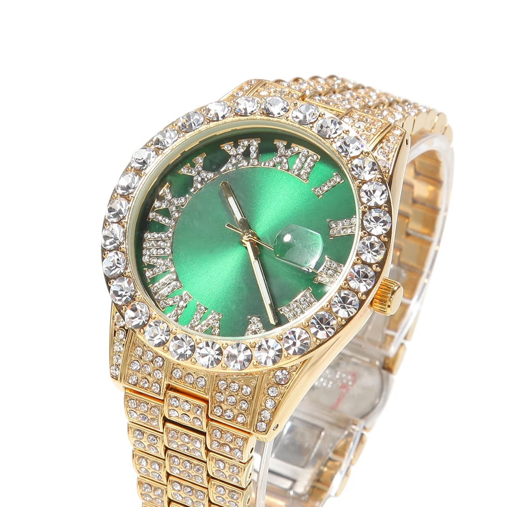 Hot Sale Luxury Baby Blue White Gold Color Watch Blue Red Pink Multi-Color Bezel Setting Watch Women Men Bling Bling Watch
