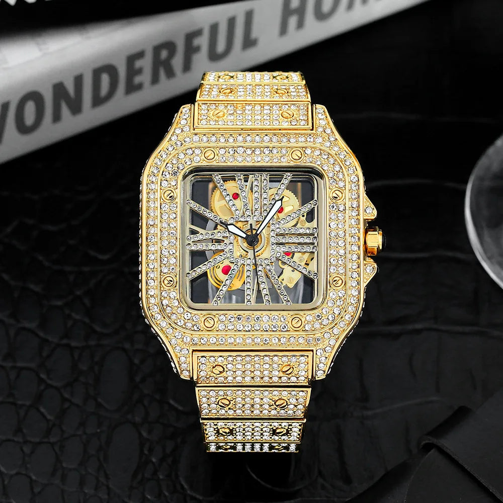 Original Brand Hollow Out Hip Hop Jewelry Watch Square Design Luxury Skeleton Diamond Watch for Men