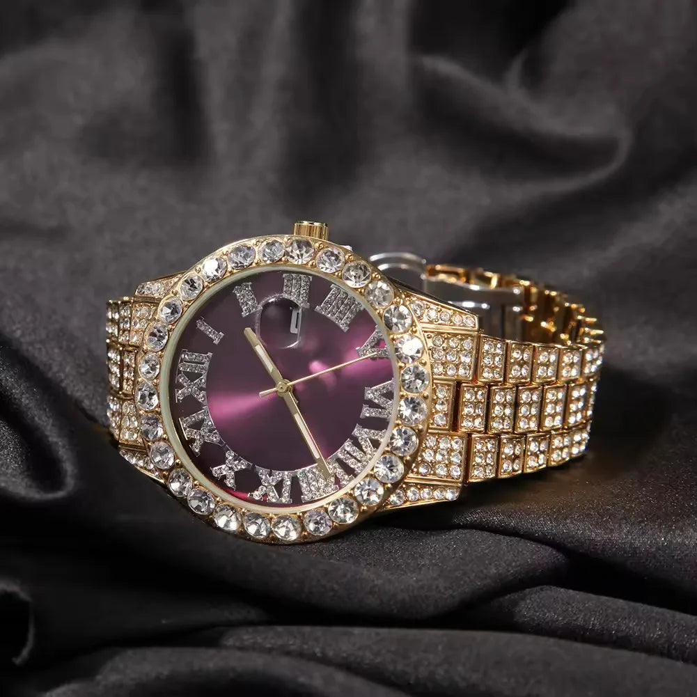Hot Sale Luxury Baby Blue White Gold Color Watch Blue Red Pink Multi-Color Bezel Setting Watch Women Men Bling Bling Watch