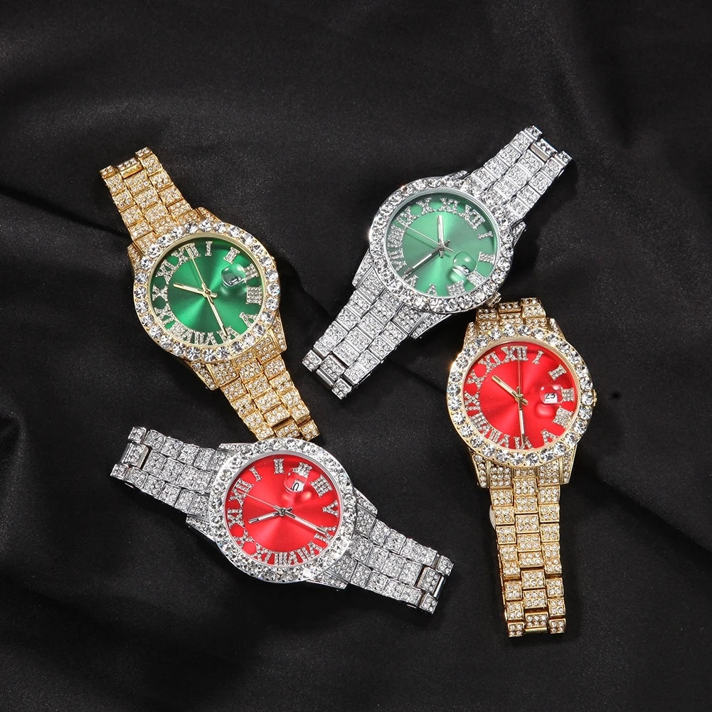 Hot Sale Luxury Baby Blue White Gold Color Watch Blue Red Pink Multi-Color Bezel Setting Watch Women Men Bling Bling Watch