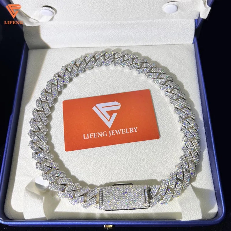 Custom Vvs Baguette Moissanite Pass Diamond Test Iced Out Hip Hop Silver Necklace Cuban Chain Fine Jewelry Men 16mm 18mm 20mm