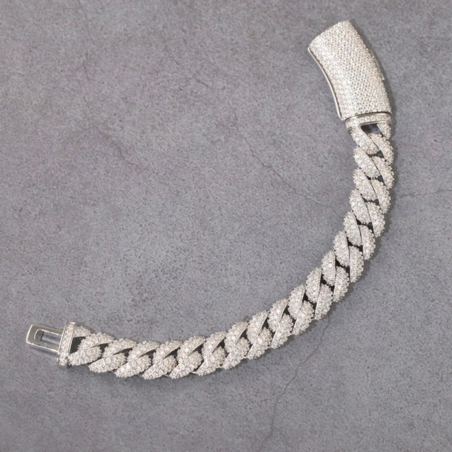 18K Gold Cuban Link Chain 12mm Wide 2-Row Lab Grown Diamond Hiphop Fine Jewelry Bracelet Necklaces for Wedding Anniversary Gift