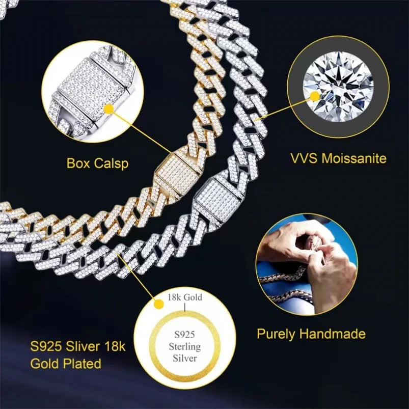 Tianyu Moissanite Chain Cuban 18K Gold Plated 925 Sterling Silver Miami 20MM Mossanite Ice Out VVS Moissanite Cuban Chain