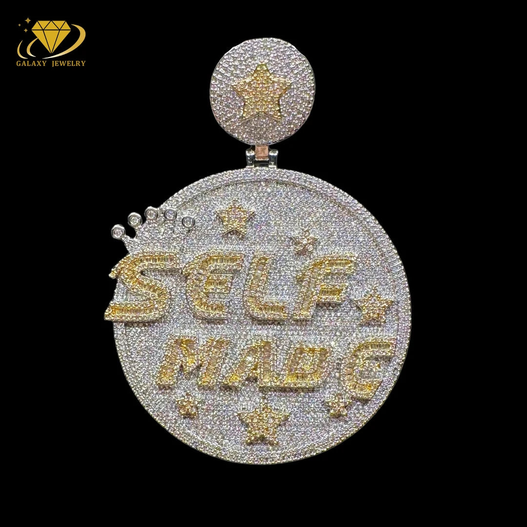 Hiphop Jewelry Custom Men 925 Solid Silver Iced Out VVS Diamond Moissanite Big Disc Name Letter Pendant for Tennis Cuban Chain
