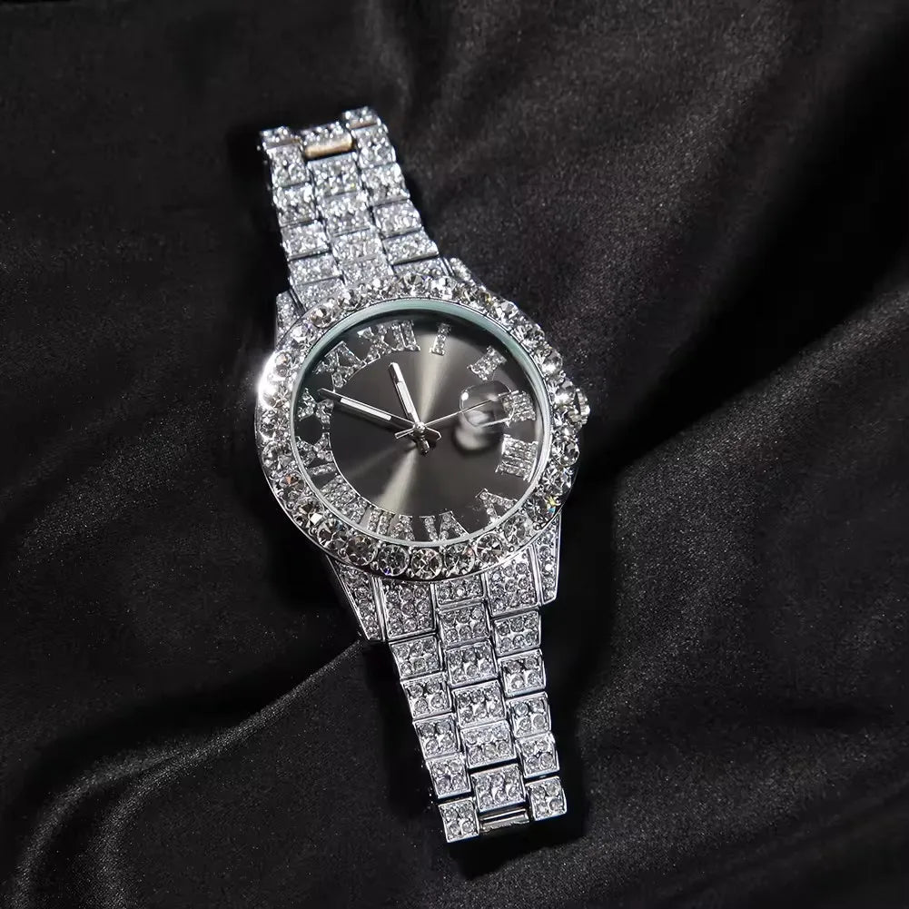 Hot Sale Luxury Baby Blue White Gold Color Watch Blue Red Pink Multi-Color Bezel Setting Watch Women Men Bling Bling Watch