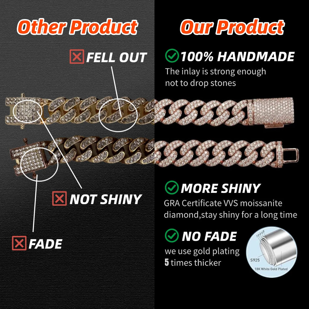 Custom Vvs Baguette Moissanite Pass Diamond Test Iced Out Hip Hop Silver Necklace Cuban Chain Fine Jewelry Men 16mm 18mm 20mm