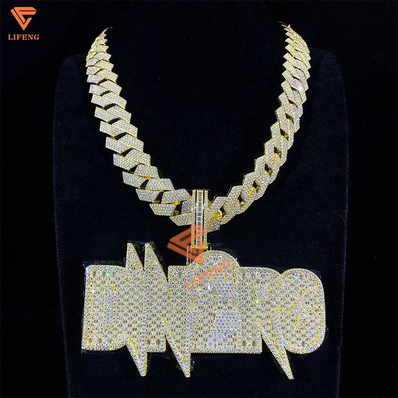 Custom Vvs Baguette Moissanite Pass Diamond Test Iced Out Hip Hop Silver Necklace Cuban Chain Fine Jewelry Men 16mm 18mm 20mm