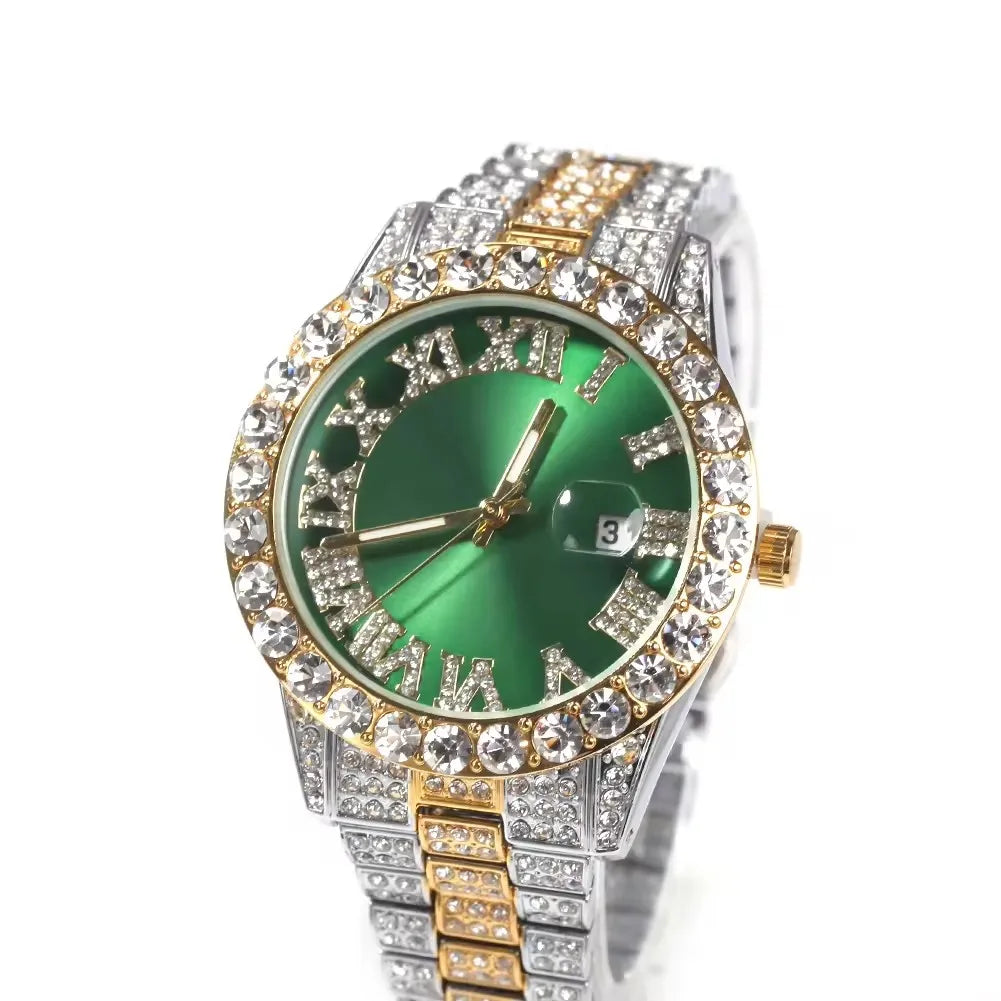 Hot Sale Luxury Baby Blue White Gold Color Watch Blue Red Pink Multi-Color Bezel Setting Watch Women Men Bling Bling Watch