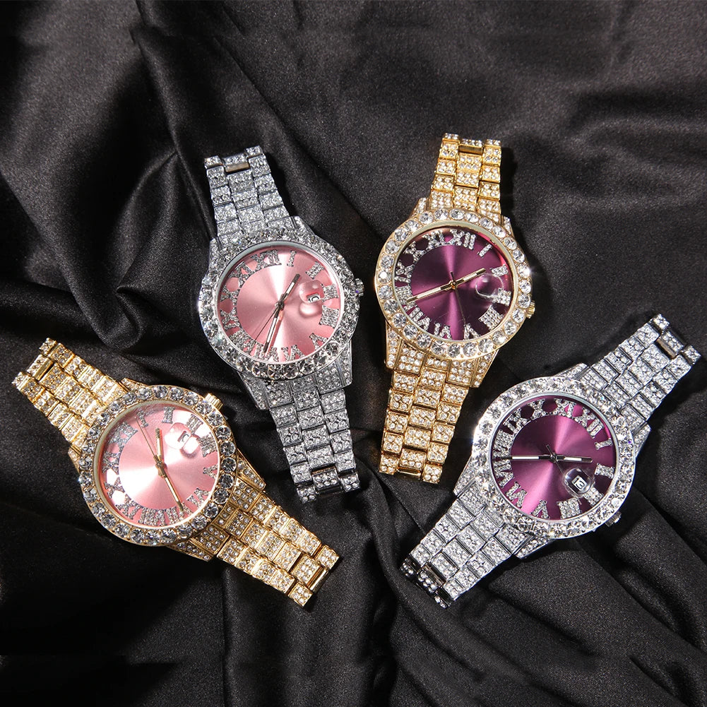 Hot Sale Luxury Baby Blue White Gold Color Watch Blue Red Pink Multi-Color Bezel Setting Watch Women Men Bling Bling Watch