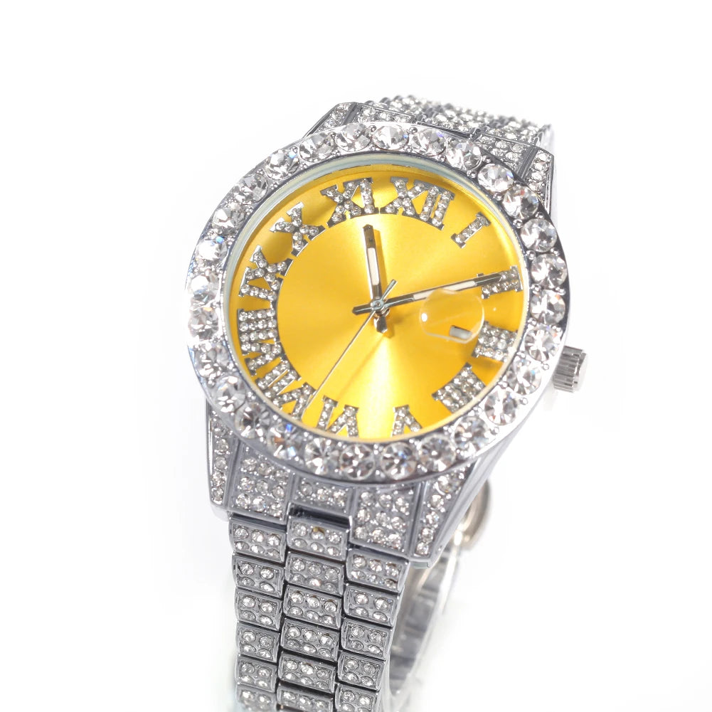 Hot Sale Luxury Baby Blue White Gold Color Watch Blue Red Pink Multi-Color Bezel Setting Watch Women Men Bling Bling Watch