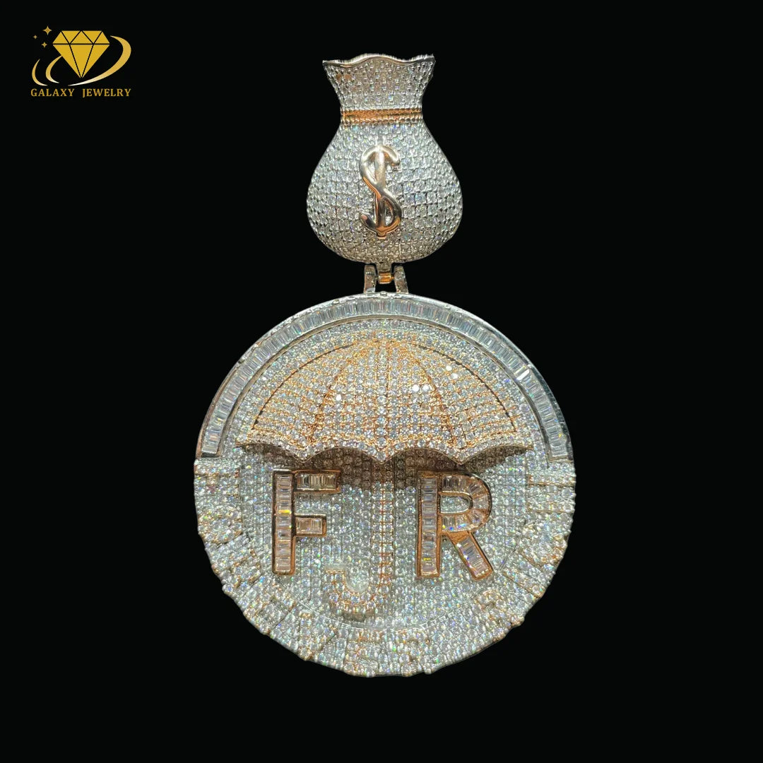 Hiphop Jewelry Custom Men 925 Solid Silver Iced Out VVS Diamond Moissanite Big Disc Name Letter Pendant for Tennis Cuban Chain