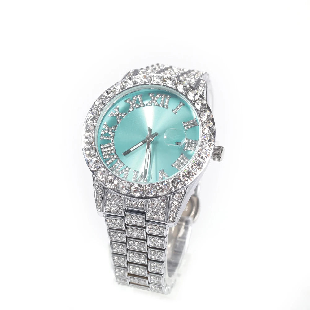 Hot Sale Luxury Baby Blue White Gold Color Watch Blue Red Pink Multi-Color Bezel Setting Watch Women Men Bling Bling Watch