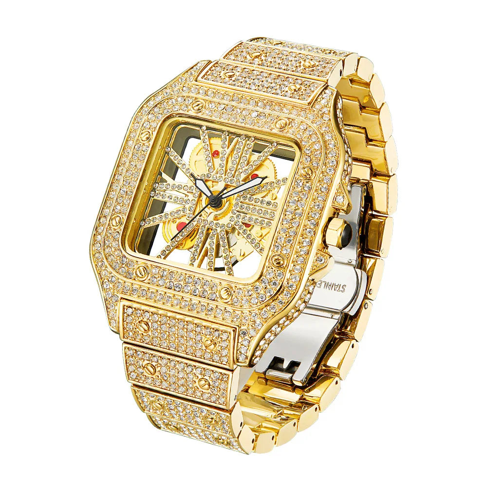 Original Brand Hollow Out Hip Hop Jewelry Watch Square Design Luxury Skeleton Diamond Watch for Men