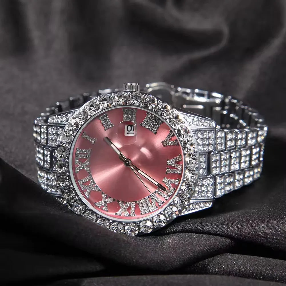 Hot Sale Luxury Baby Blue White Gold Color Watch Blue Red Pink Multi-Color Bezel Setting Watch Women Men Bling Bling Watch