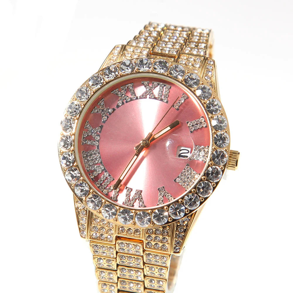 Hot Sale Luxury Baby Blue White Gold Color Watch Blue Red Pink Multi-Color Bezel Setting Watch Women Men Bling Bling Watch