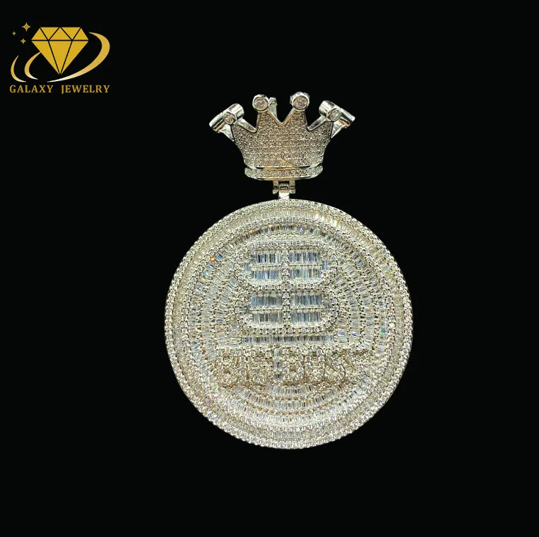 Hiphop Jewelry Custom Men 925 Solid Silver Iced Out VVS Diamond Moissanite Big Disc Name Letter Pendant for Tennis Cuban Chain