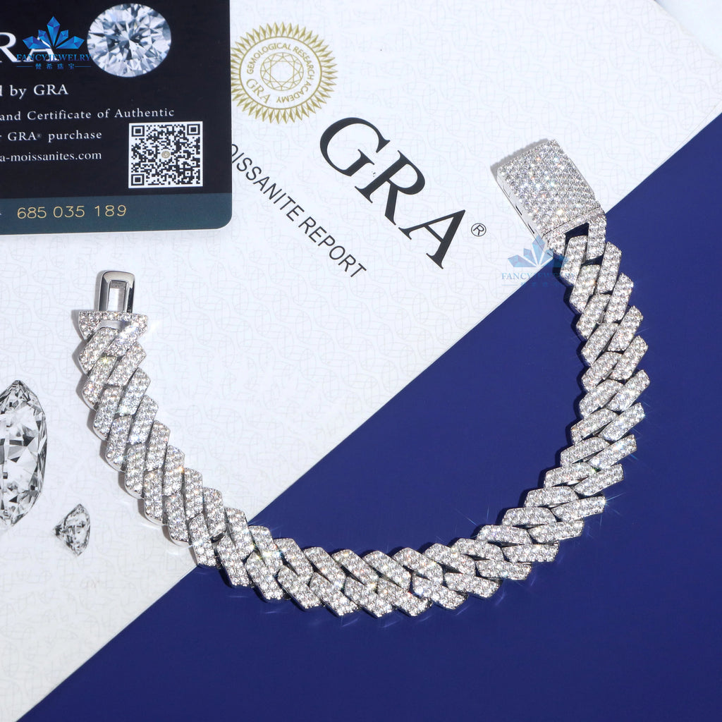 Iced Out Vvs Moissanite 2 Rows Cuban Chain Bracelet 925 Sterling Silver Diamond Moissanite 10mm 12mm Cuban Link Chain