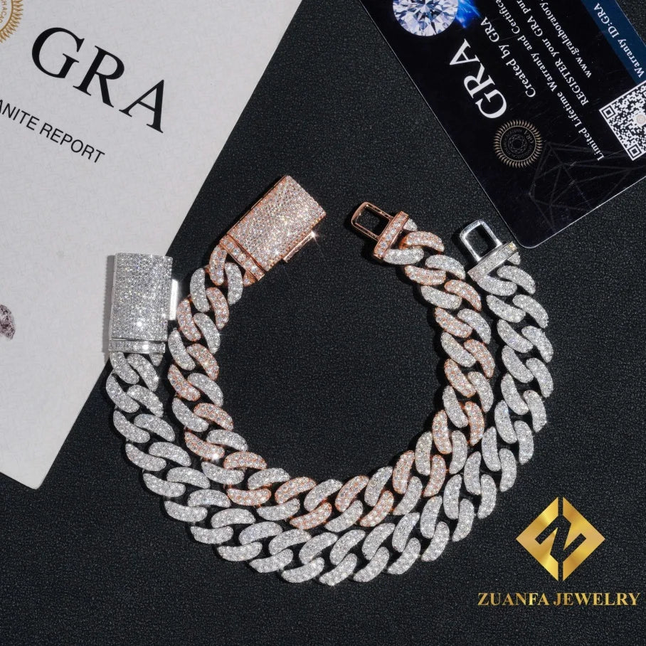 13mm Two ToneJewelry 925 Sterling Silver Moissanite Cuban Link Chain Hip Hop Cuban Iced Out Necklace Bracelet for Men Women