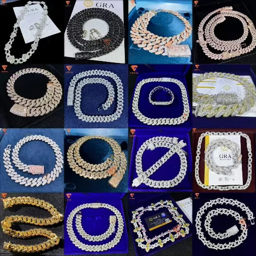 Custom Vvs Baguette Moissanite Pass Diamond Test Iced Out Hip Hop Silver Necklace Cuban Chain Fine Jewelry Men 16mm 18mm 20mm