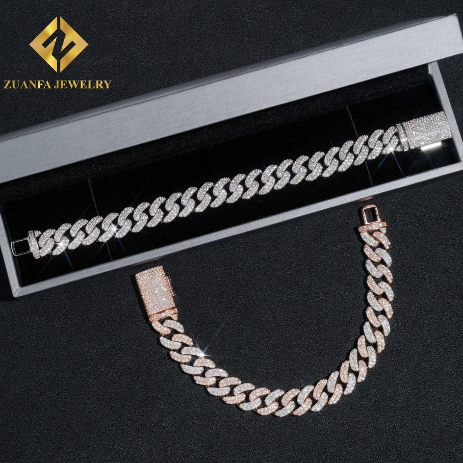 13mm Two ToneJewelry 925 Sterling Silver Moissanite Cuban Link Chain Hip Hop Cuban Iced Out Necklace Bracelet for Men Women