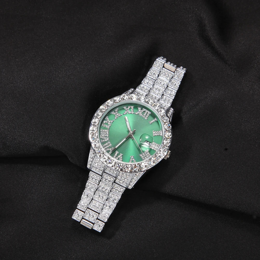 Hot Sale Luxury Baby Blue White Gold Color Watch Blue Red Pink Multi-Color Bezel Setting Watch Women Men Bling Bling Watch