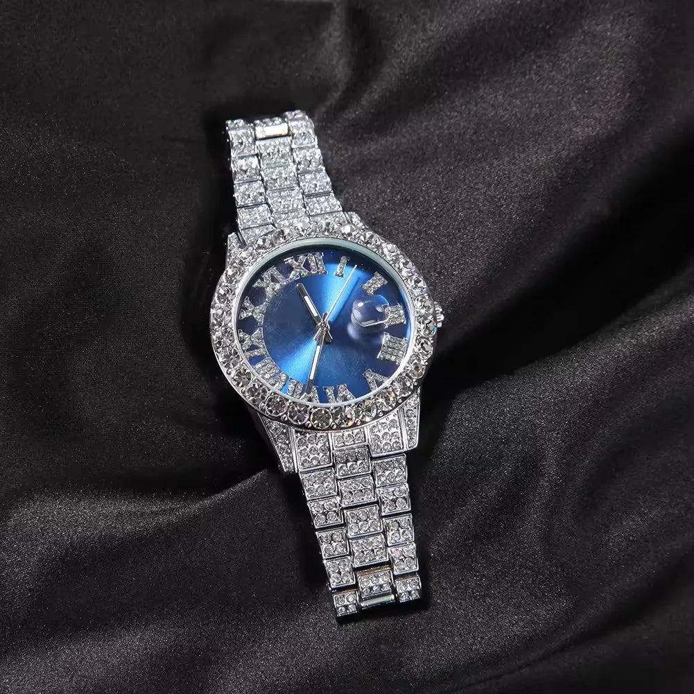 Hot Sale Luxury Baby Blue White Gold Color Watch Blue Red Pink Multi-Color Bezel Setting Watch Women Men Bling Bling Watch
