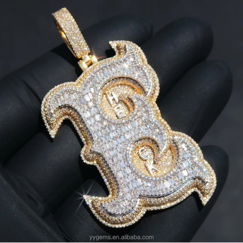 Custom Bail/logo Full Iced Out Moissanite Pendant Pass Diamond test 925 Silver Round Pendant Custom Letter Pendants Jewelry