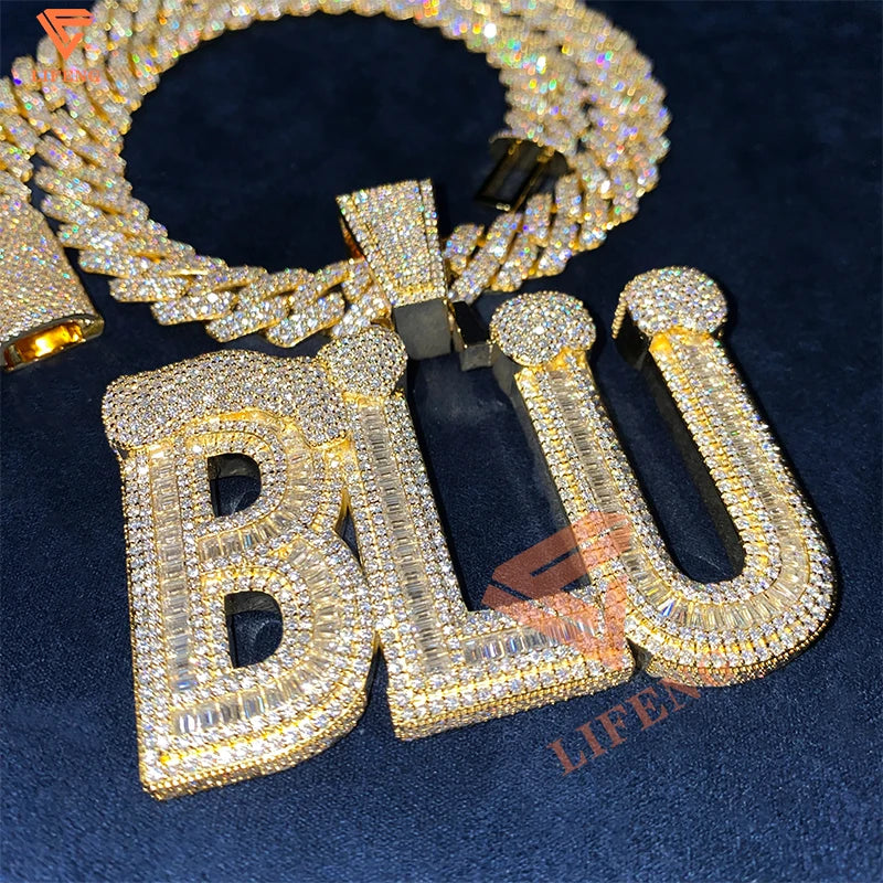 Custom Vvs Baguette Moissanite Pass Diamond Test Iced Out Hip Hop Silver Necklace Cuban Chain Fine Jewelry Men 16mm 18mm 20mm