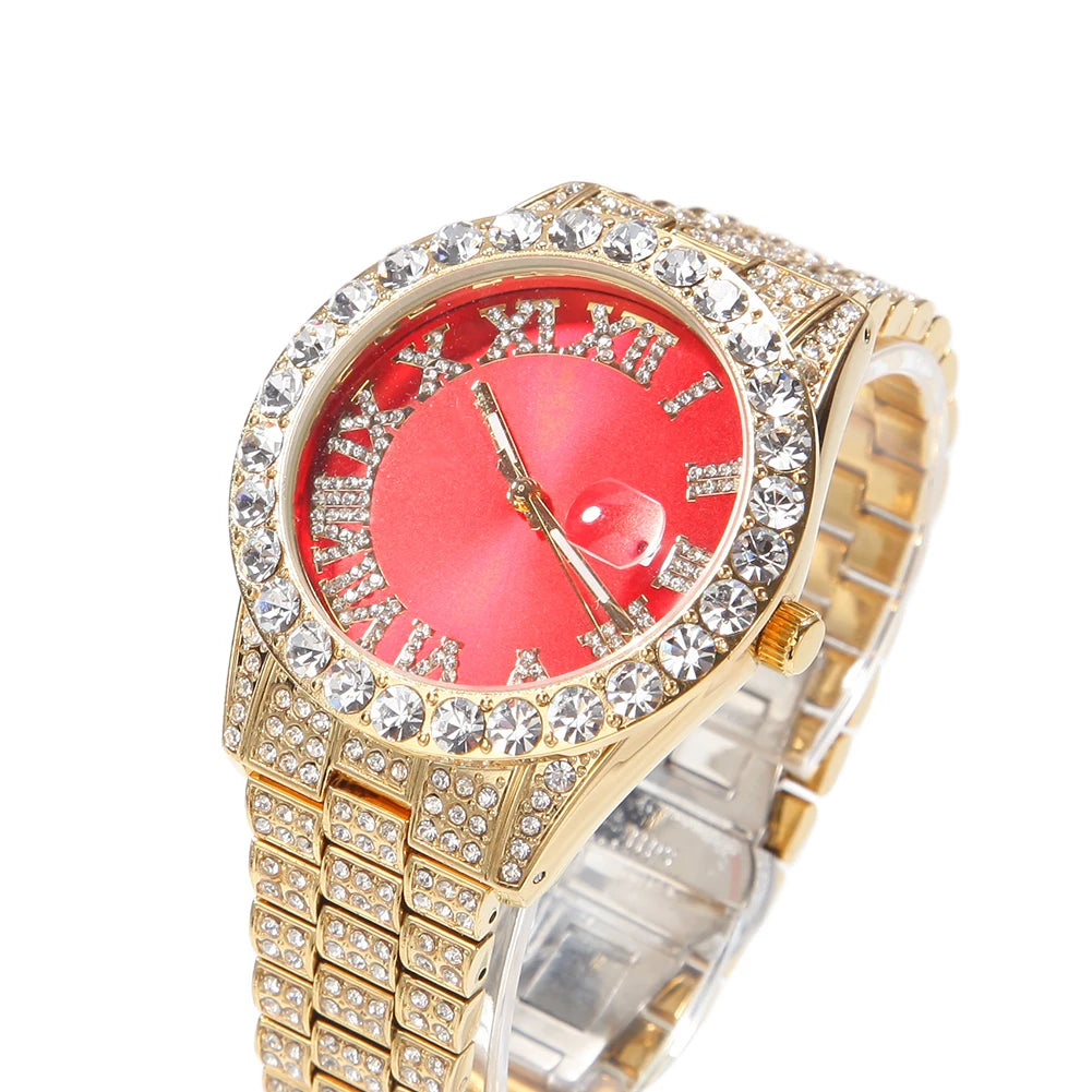 Hot Sale Luxury Baby Blue White Gold Color Watch Blue Red Pink Multi-Color Bezel Setting Watch Women Men Bling Bling Watch