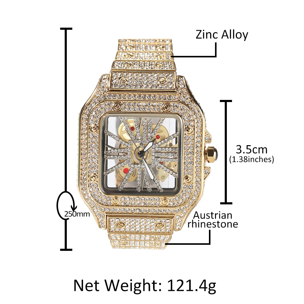 UWIN Hip Hop Skeleton Watch Hollow Out Square Quartz Wrist Watch Daily Waterproof Clock for Women Men