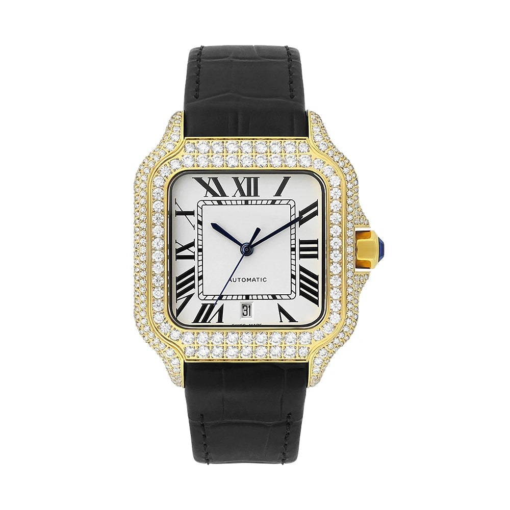 VVS Moissanite Diamond Gold Color Bezel Mechanical Watch Japanese Miyota Automatic Movement Genuine Leather Straps Luxury Watch