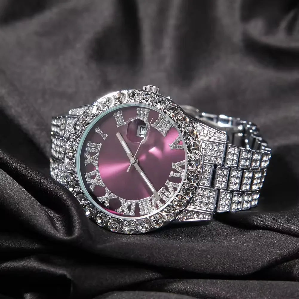 Hot Sale Luxury Baby Blue White Gold Color Watch Blue Red Pink Multi-Color Bezel Setting Watch Women Men Bling Bling Watch