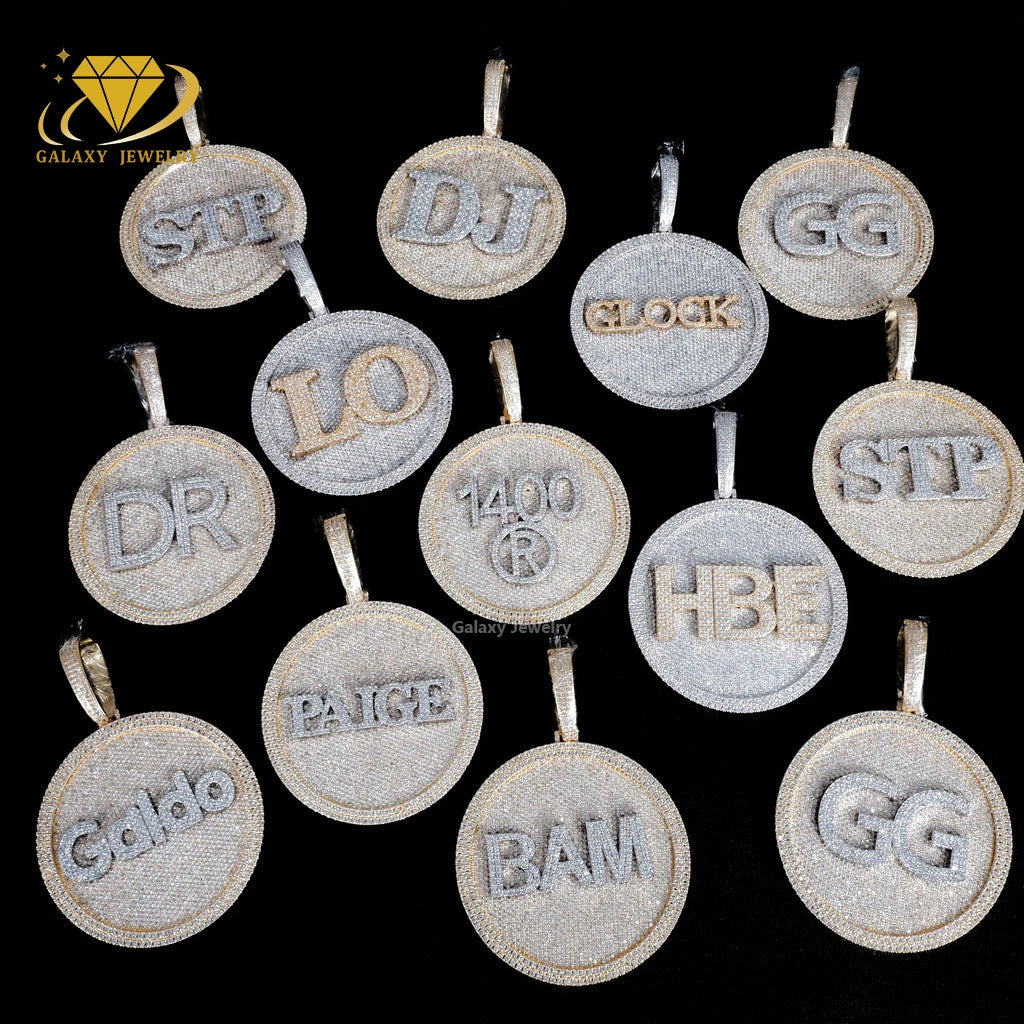 Hiphop Jewelry Custom Men 925 Solid Silver Iced Out VVS Diamond Moissanite Big Disc Name Letter Pendant for Tennis Cuban Chain