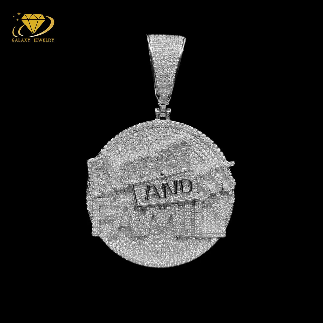 Hiphop Jewelry Custom Men 925 Solid Silver Iced Out VVS Diamond Moissanite Big Disc Name Letter Pendant for Tennis Cuban Chain