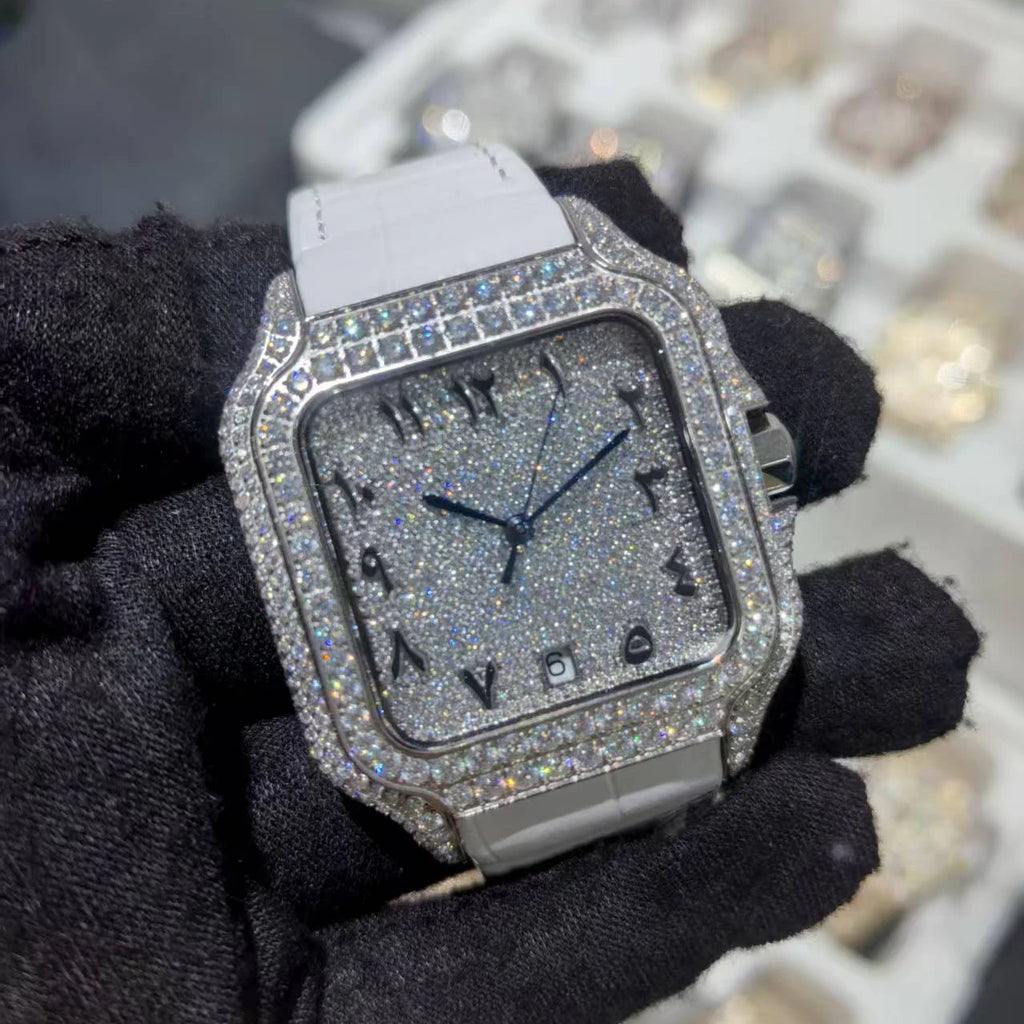 VVS Moissanite Diamond Gold Color Bezel Mechanical Watch Japanese Miyota Automatic Movement Genuine Leather Straps Luxury Watch