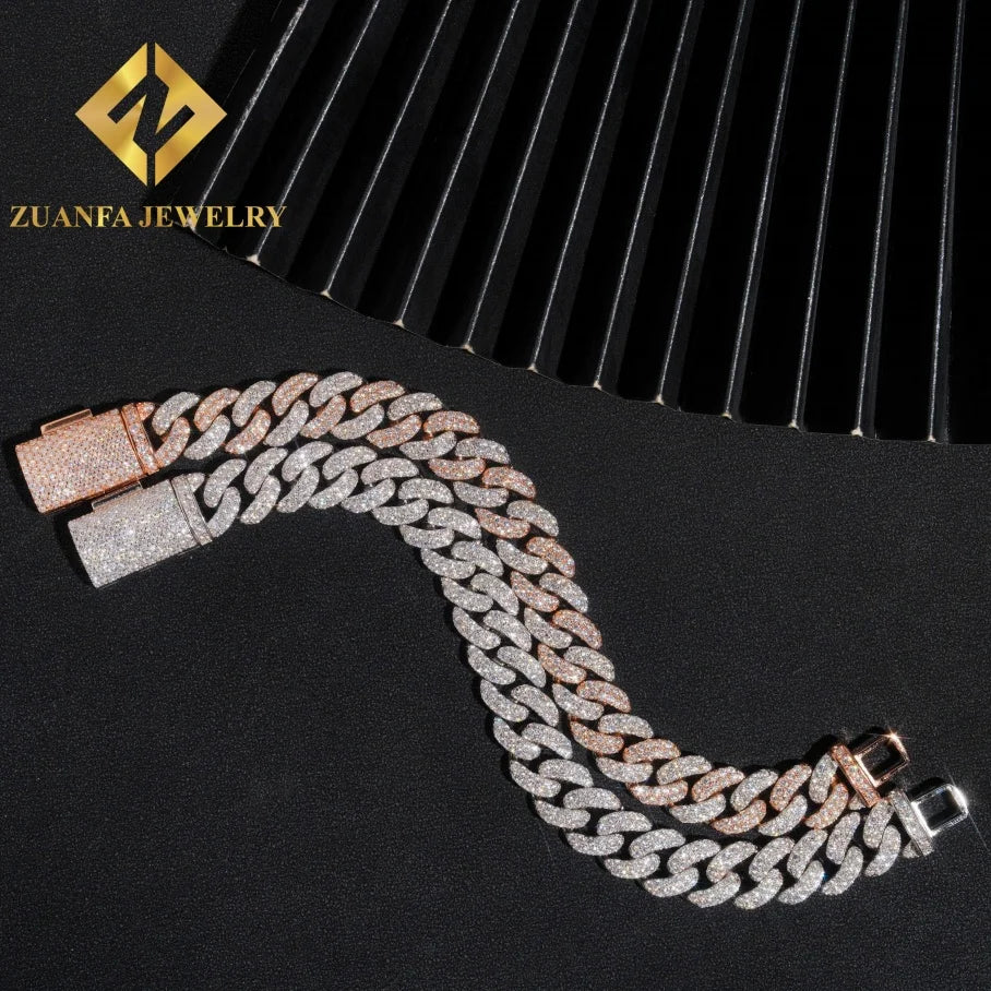 13mm Two ToneJewelry 925 Sterling Silver Moissanite Cuban Link Chain Hip Hop Cuban Iced Out Necklace Bracelet for Men Women