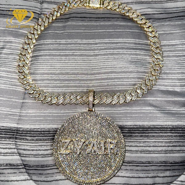 Hiphop Jewelry Custom Men 925 Solid Silver Iced Out VVS Diamond Moissanite Big Disc Name Letter Pendant for Tennis Cuban Chain